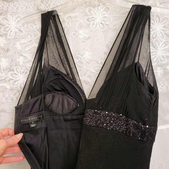 Black Sequin Evening Gown, Silk Chiffon Overlay, Aidan Mattox, 4 - Picture 13 of 17